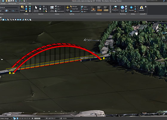 A computer screen displays a 3D modeling software interface, such as MicroStation CAD, showing a digital model of an arched bridge over a landscape with trees and roads.
